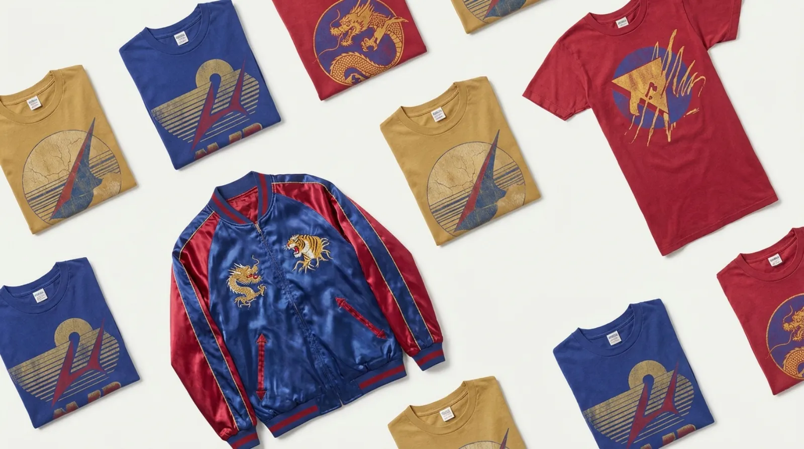 Yu-Gi-Oh! merch flat lay with vintage tees in gold, royal blue and crimson