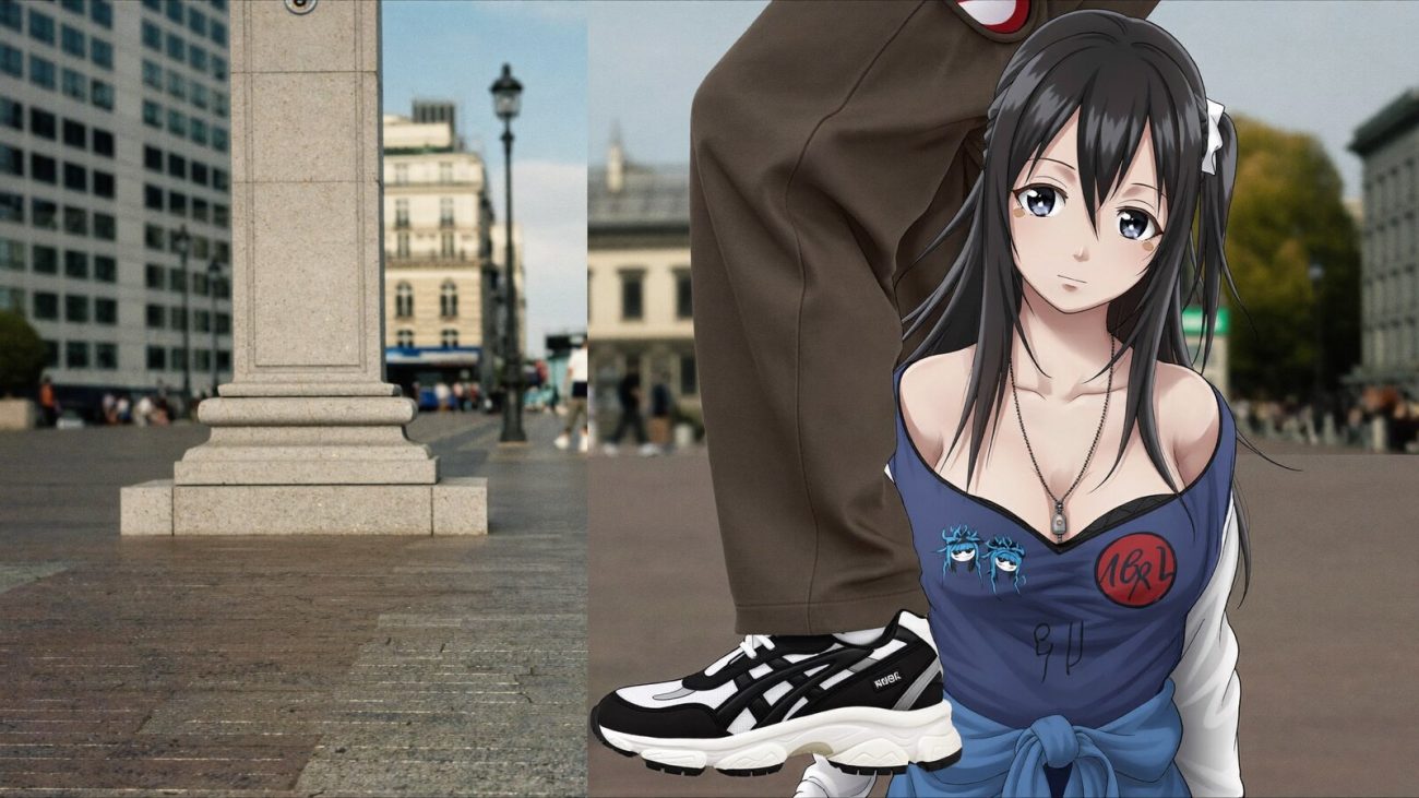 Person wearing an anime-inspired yz shoes bw in an editorial scene