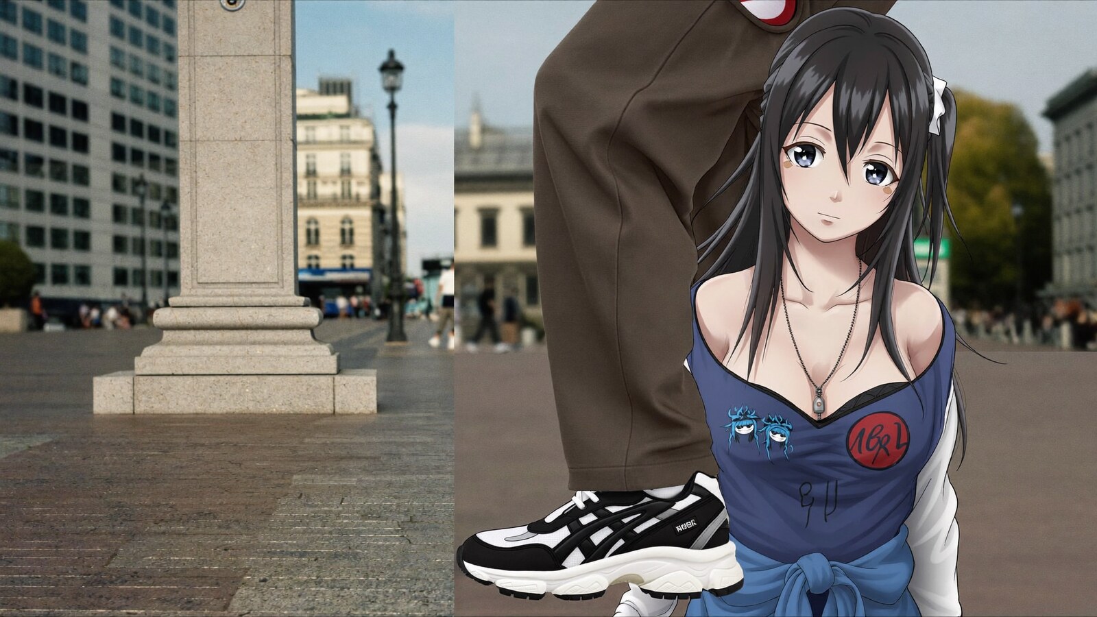 Person wearing an anime-inspired yz shoes bw in an editorial scene