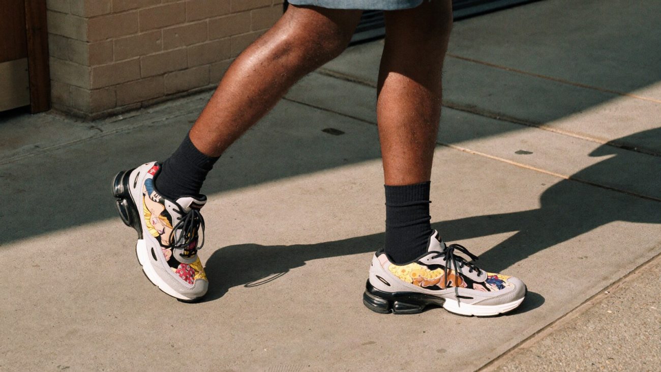 Person wearing an anime-inspired yz shoes in an editorial scene
