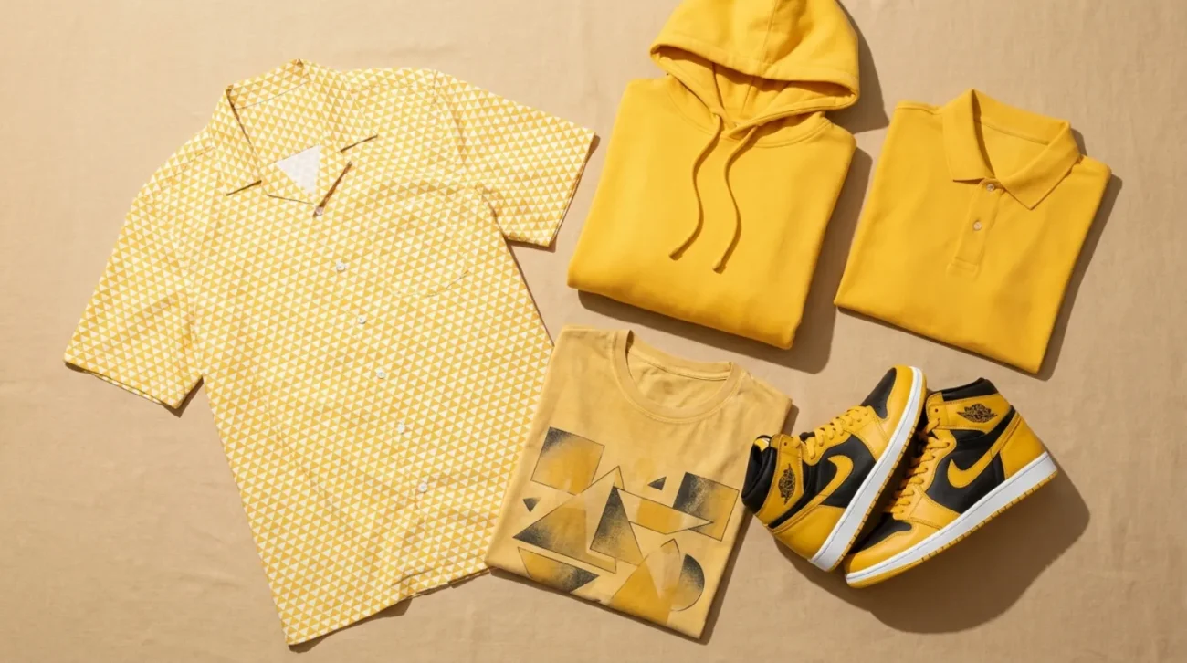 Flat-lay of Zenitsu Agatsuma merch including yellow Hawaiian shirt, hoodie, polo, vintage tee, and sneakers