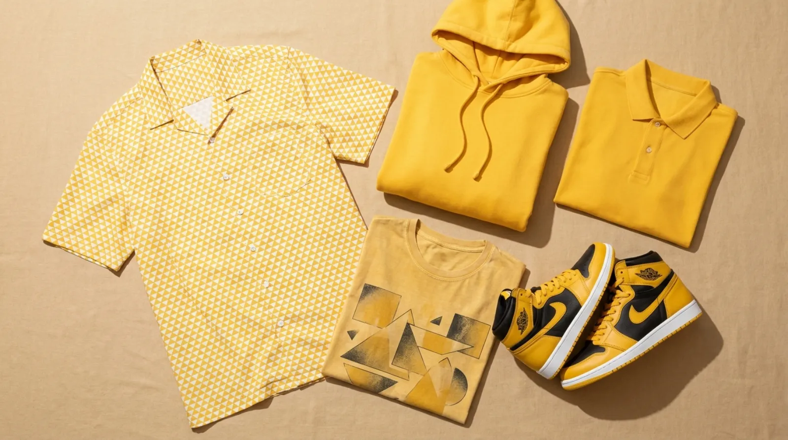 Flat-lay of Zenitsu Agatsuma merch including yellow Hawaiian shirt, hoodie, polo, vintage tee, and sneakers