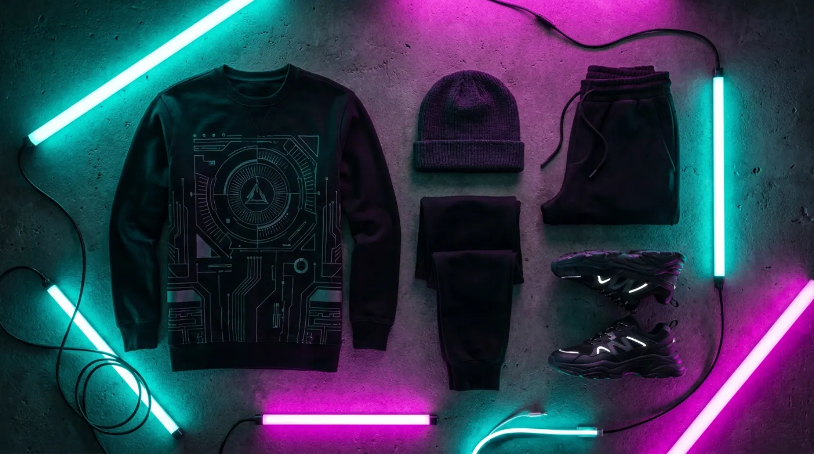 Zenless Zone Zero merch streetwear sweatshirt and sweatpants flat lay in neon lighting