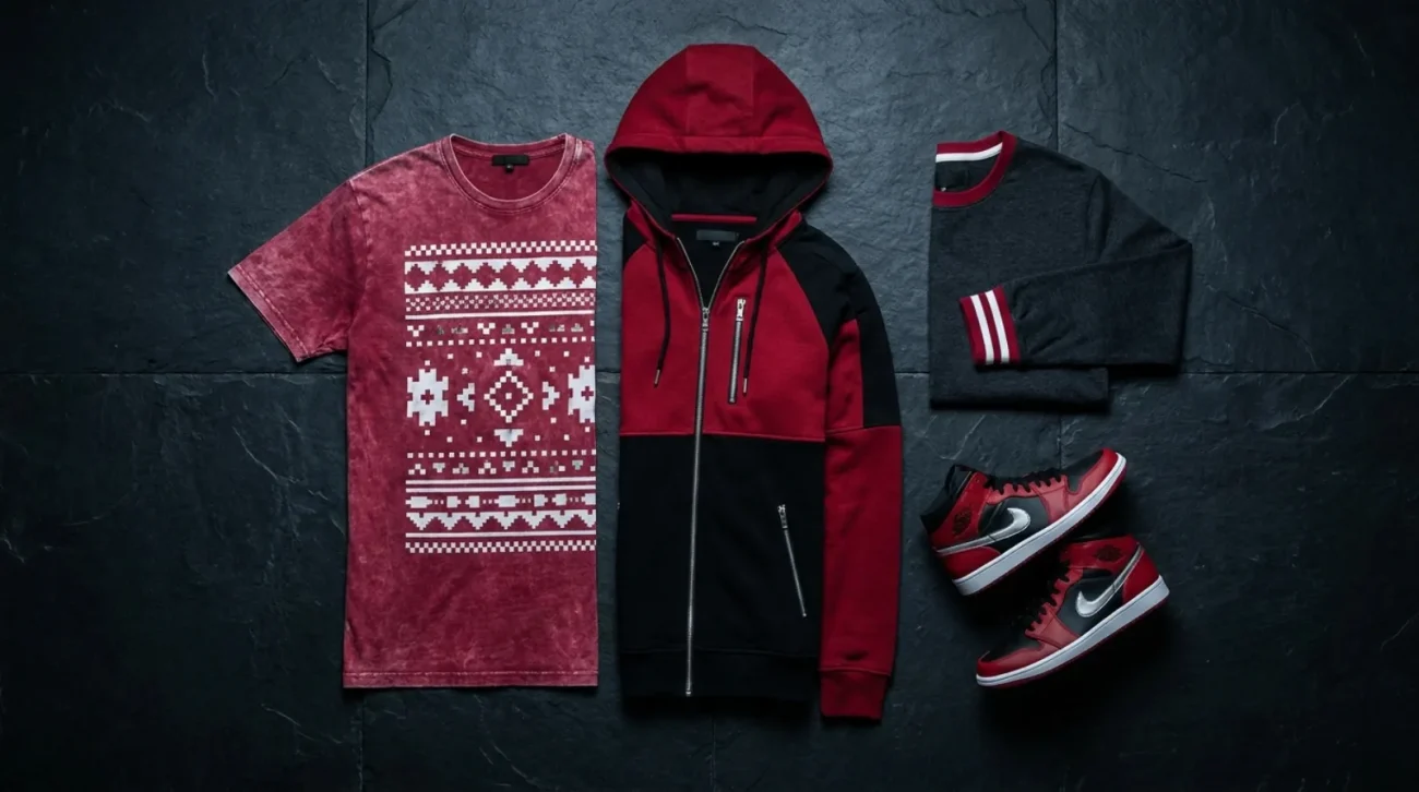 Zero shirt flat-lay with Mega Man Zero vintage tee, zip hoodie and sneakers in red and black