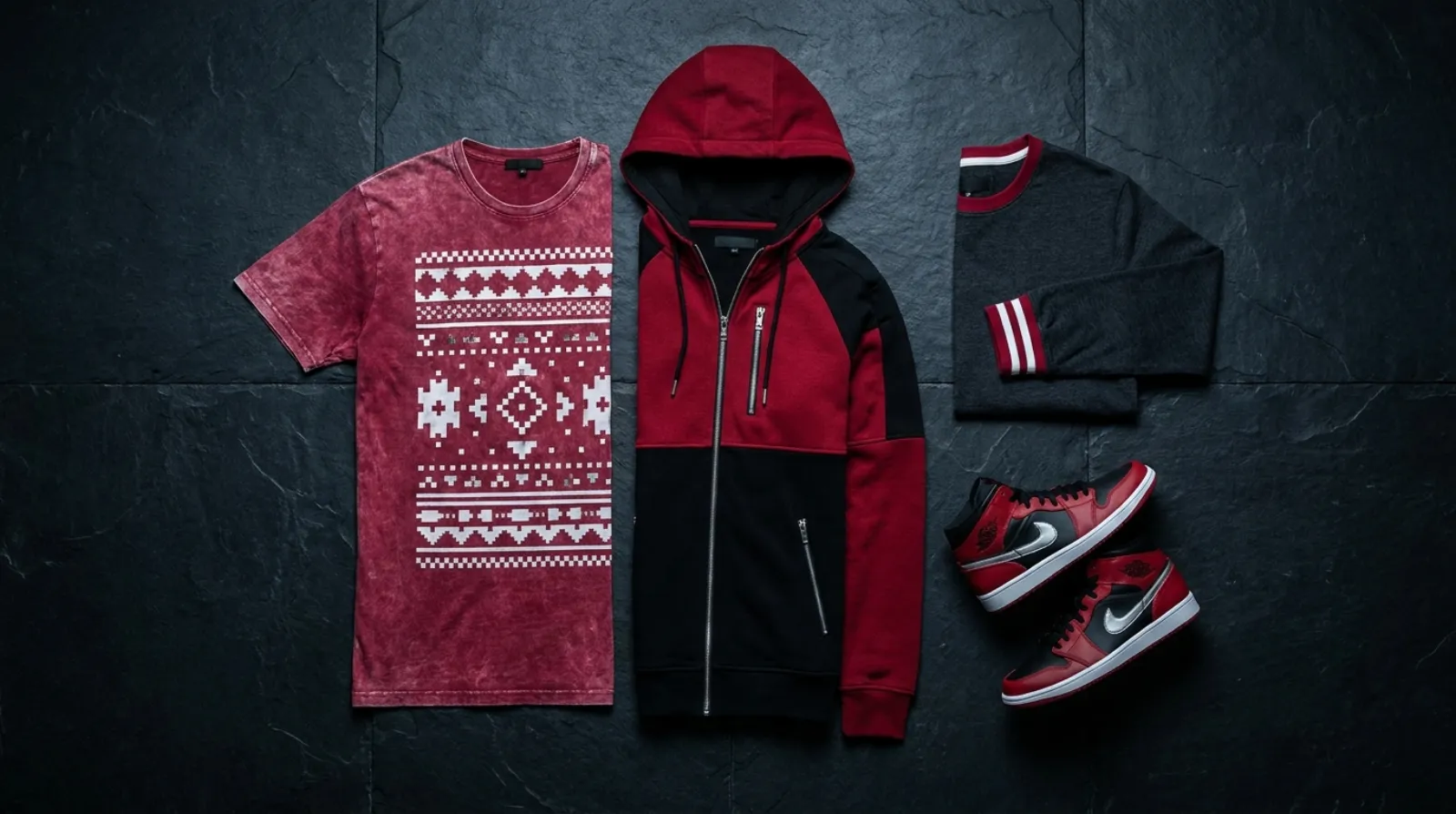 Zero shirt flat-lay with Mega Man Zero vintage tee, zip hoodie and sneakers in red and black