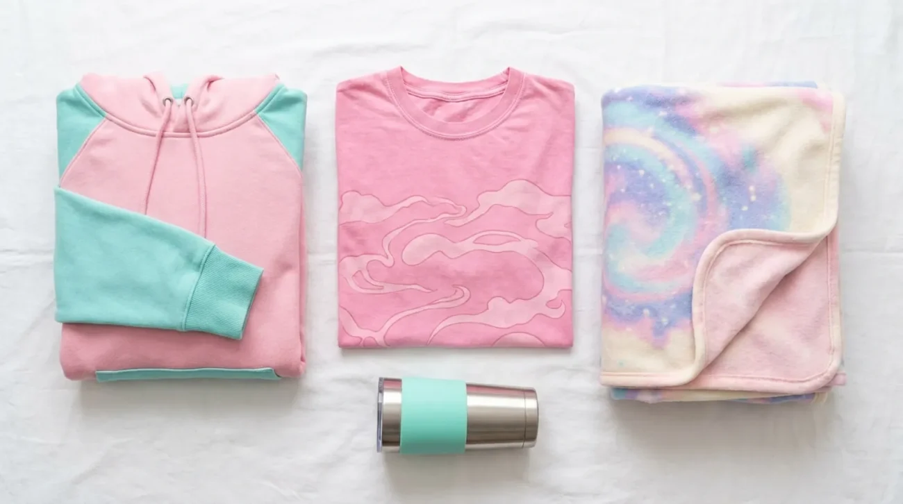 Zero Two merch flat-lay in pink and teal with vintage tee, hoodie, blanket and tumbler