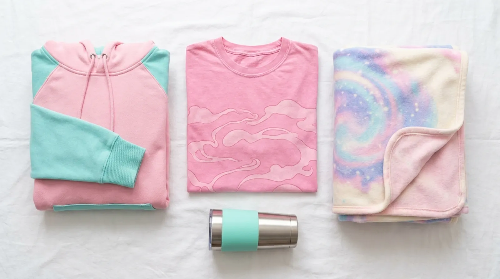 Zero Two merch flat-lay in pink and teal with vintage tee, hoodie, blanket and tumbler