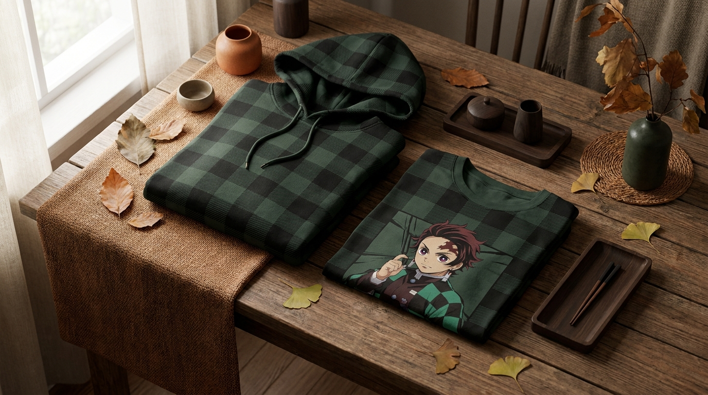 Demon Slayer themed hoodie flat lay in green and black checkered colors