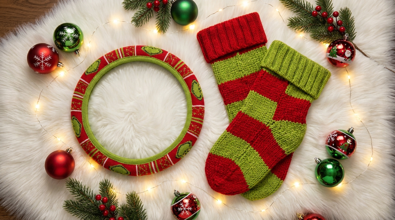 Grinch themed Christmas merch flat lay in red and green