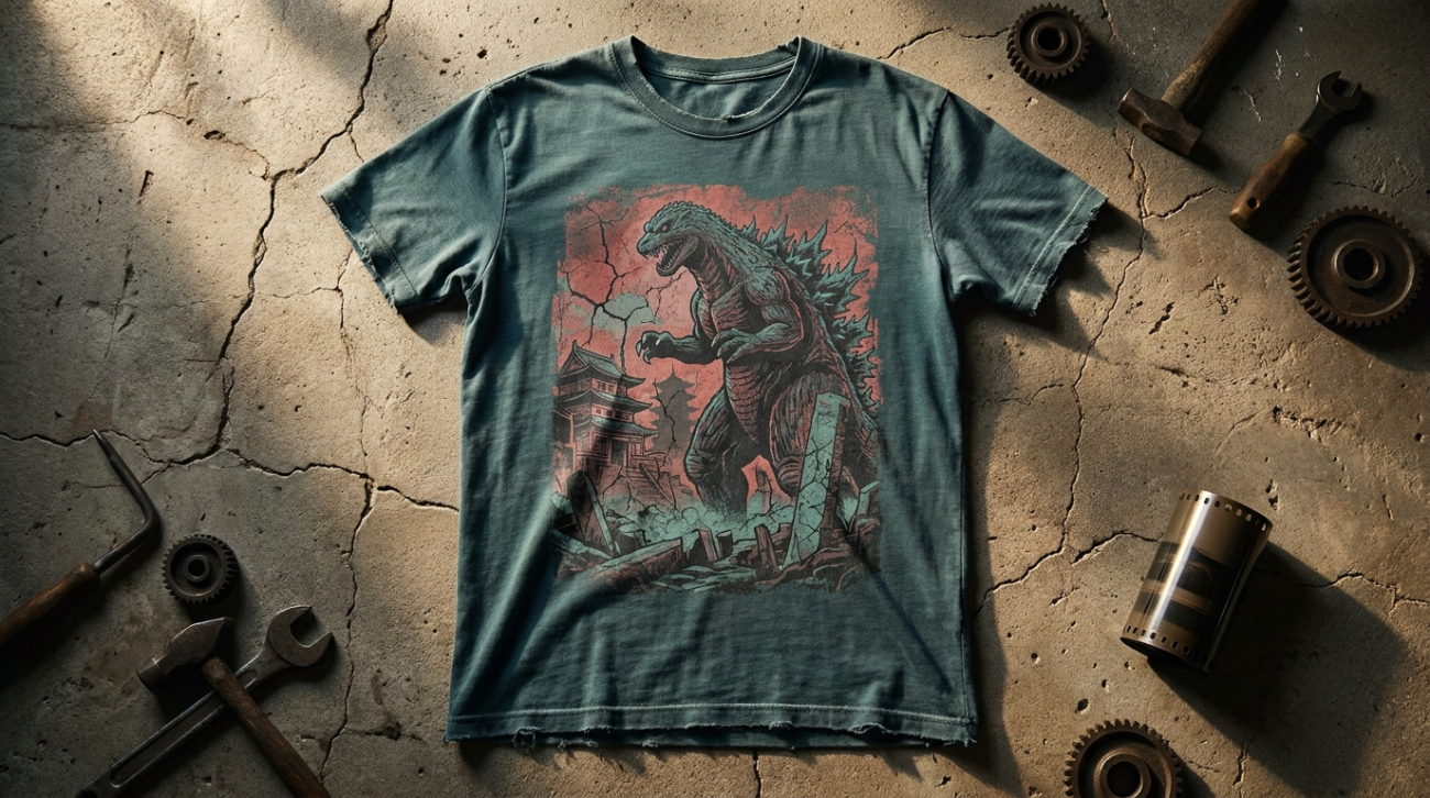 Godzilla themed distressed vintage kaiju movie tee flat lay in teal and red