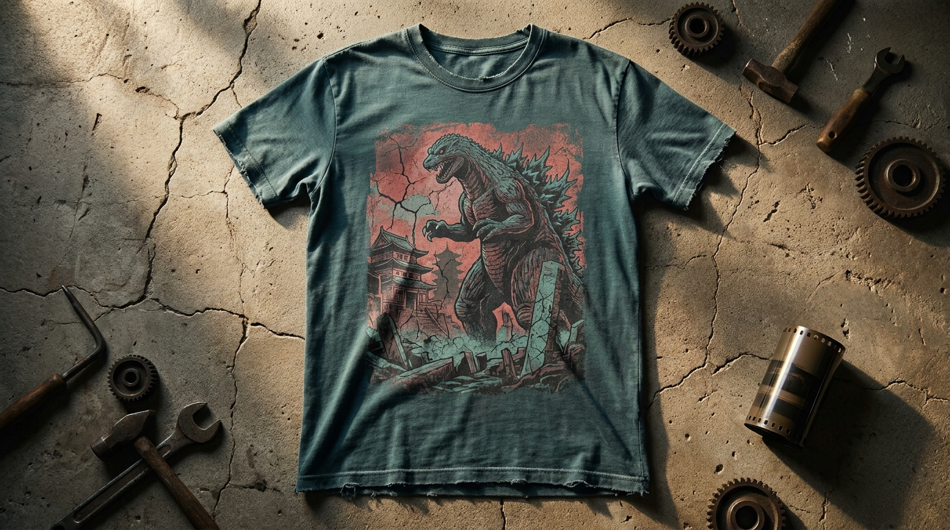 Godzilla themed distressed vintage kaiju movie tee flat lay in teal and red