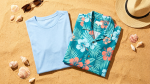Lilo and Stitch themed light blue tropical apparel flat lay