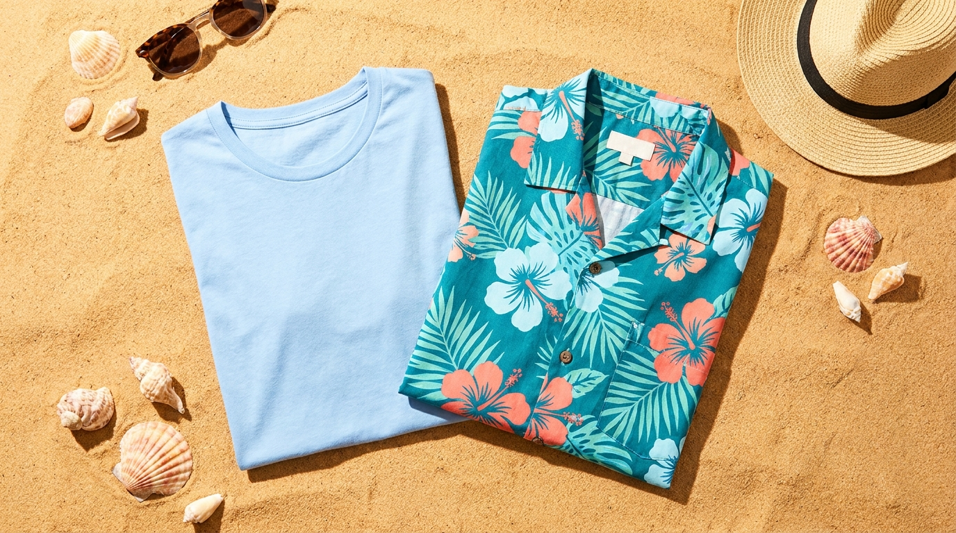 Lilo and Stitch themed light blue tropical apparel flat lay
