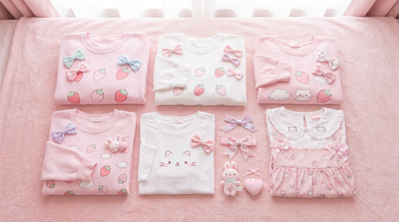 Hello Kitty themed pink and white kawaii apparel flat lay