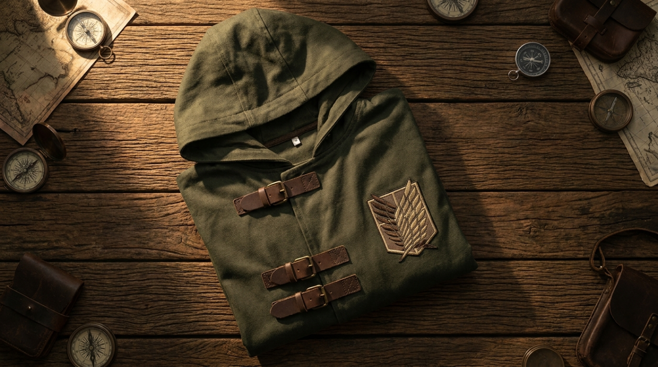 Attack on Titan Scouting Regiment themed olive cloak and apparel flat lay