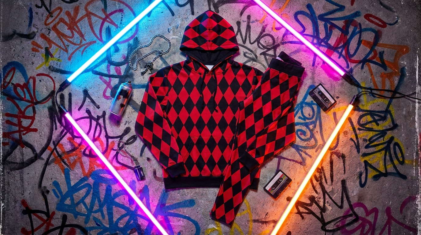 Harley Quinn themed red and black diamond harlequin apparel flat lay