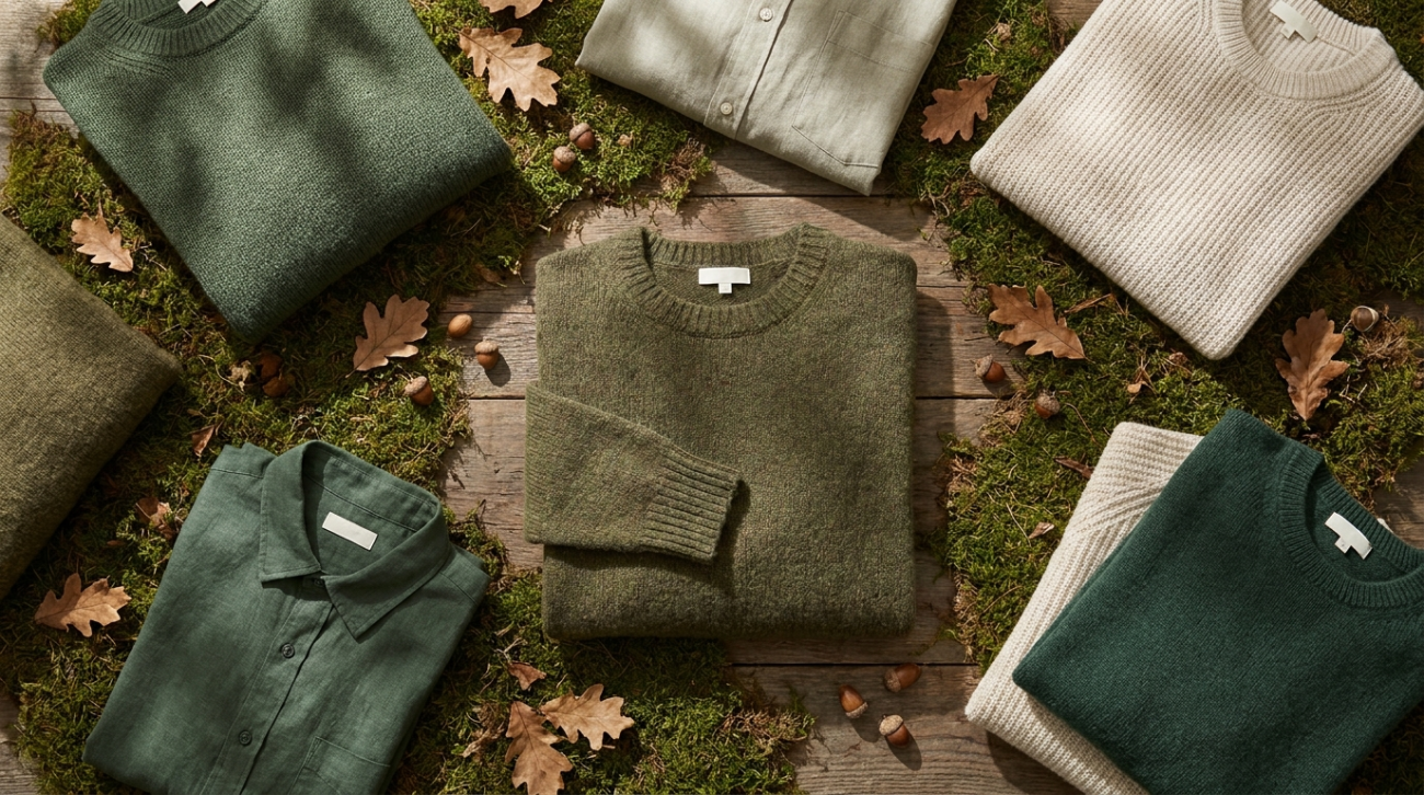 Studio Ghibli themed soft pastoral forest-green apparel flat lay