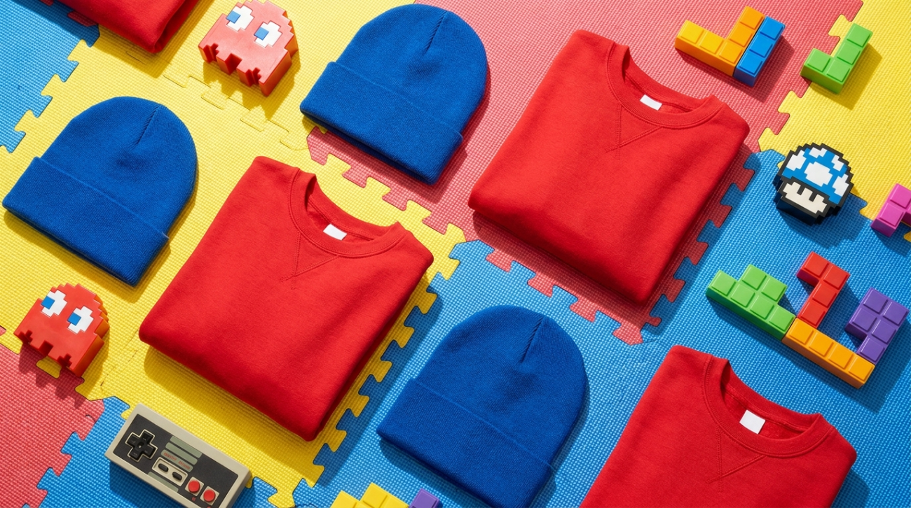 Super Mario themed red and blue retro game apparel flat lay