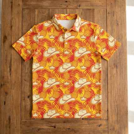 Macho Man Cream of the Crop wrestling tropical polo shirt — cowboy hat all-over print flat lay front view