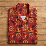 Monkey D. Luffy One Piece Dressrosa pirate ship wheel motif Hawaiian shirt — flat lay overhead view