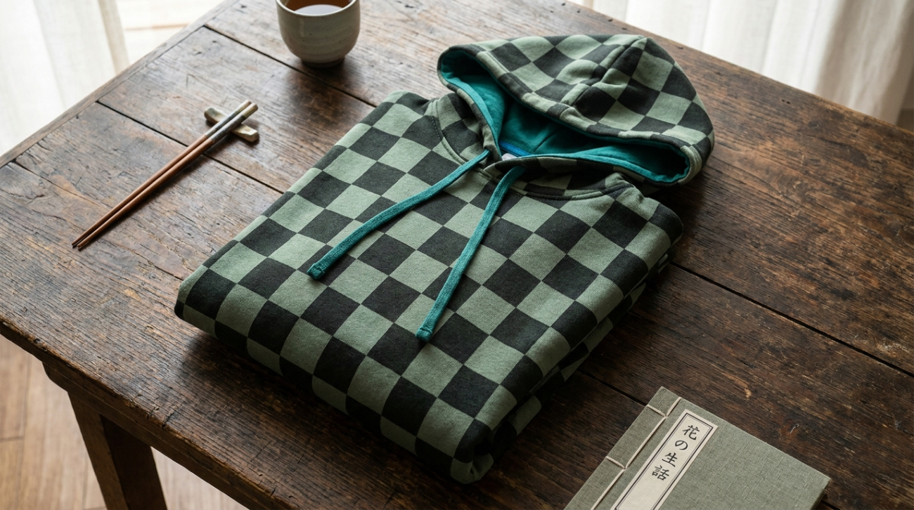 Demon Slayer Tanjiro themed hoodie flat lay in green and black checkered colors