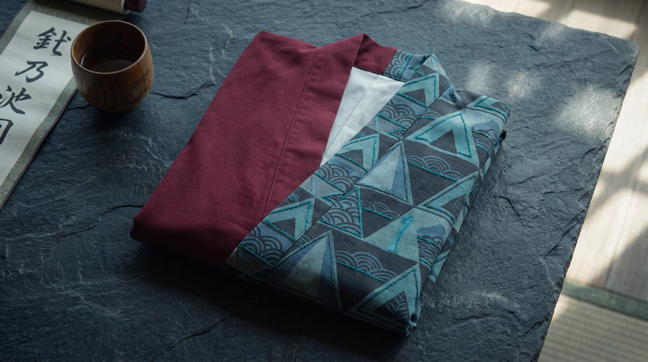 Demon Slayer Giyuu themed half-pattern haori jacket flat lay in maroon and teal
