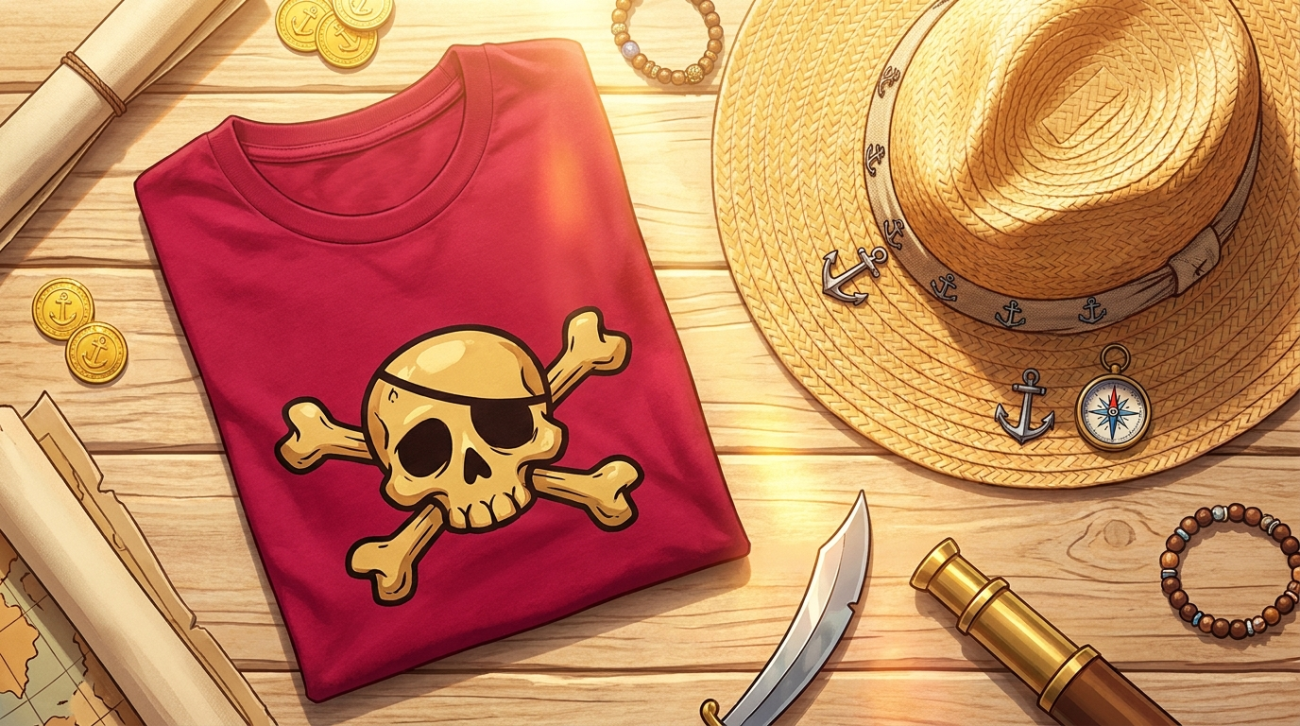 One Piece Luffy themed red apparel and straw hat flat lay