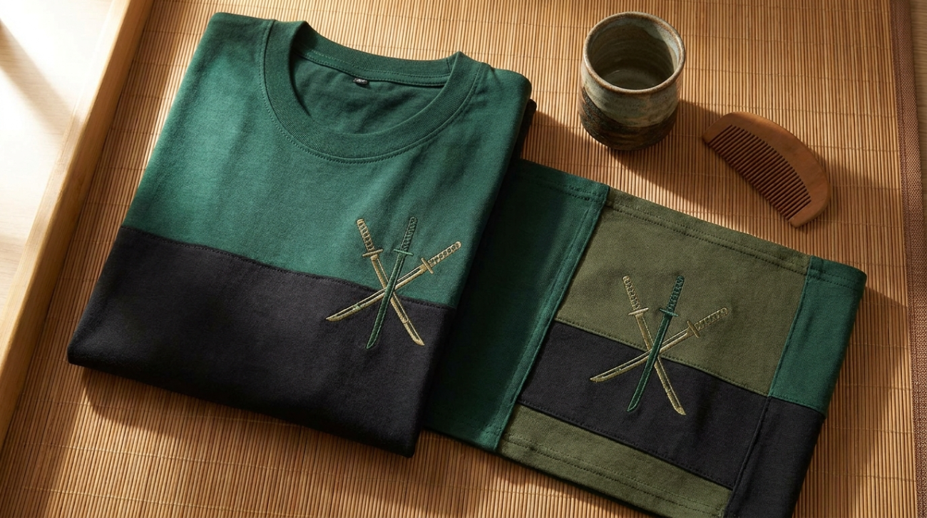 One Piece Zoro themed green apparel flat lay with three sword motif