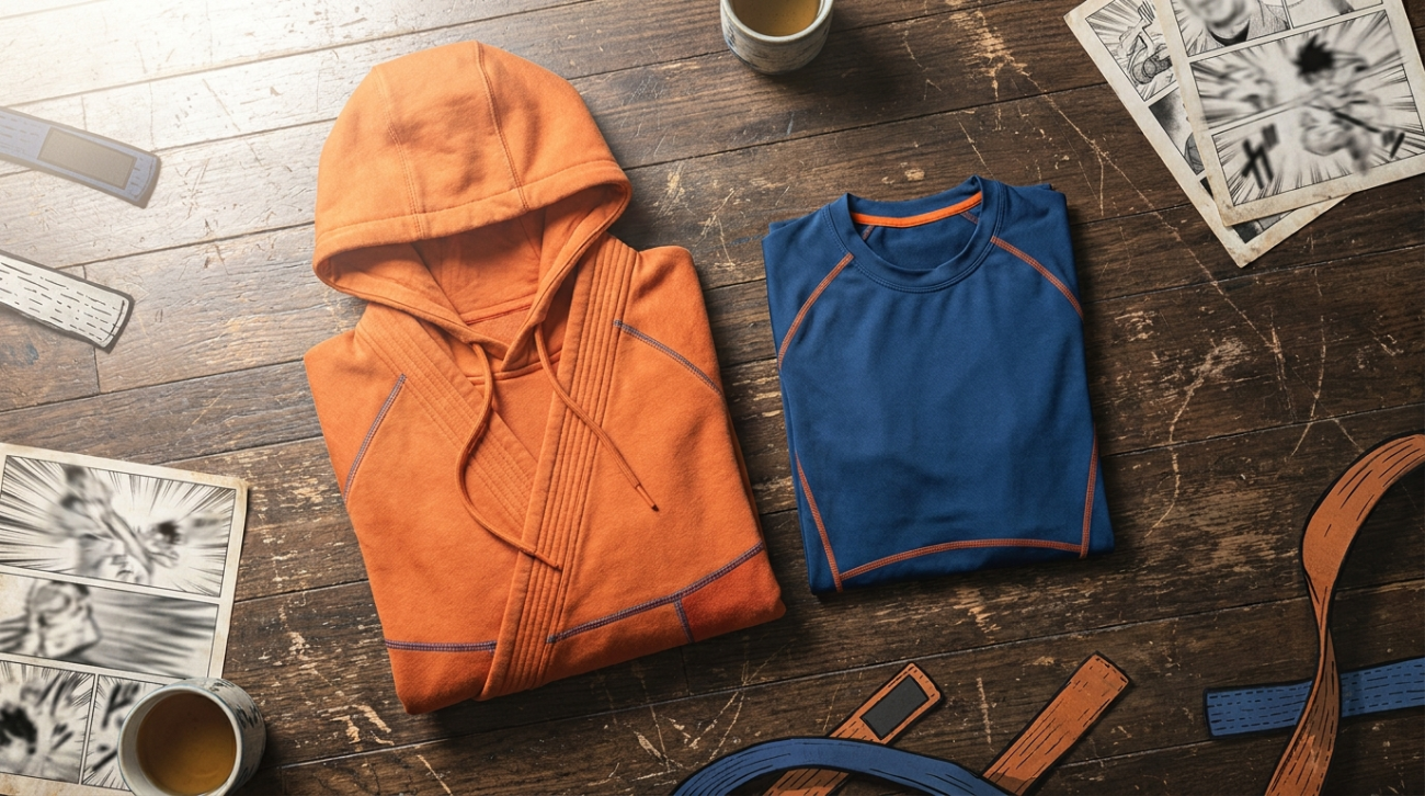 Dragon Ball Goku themed orange and blue martial arts apparel flat lay
