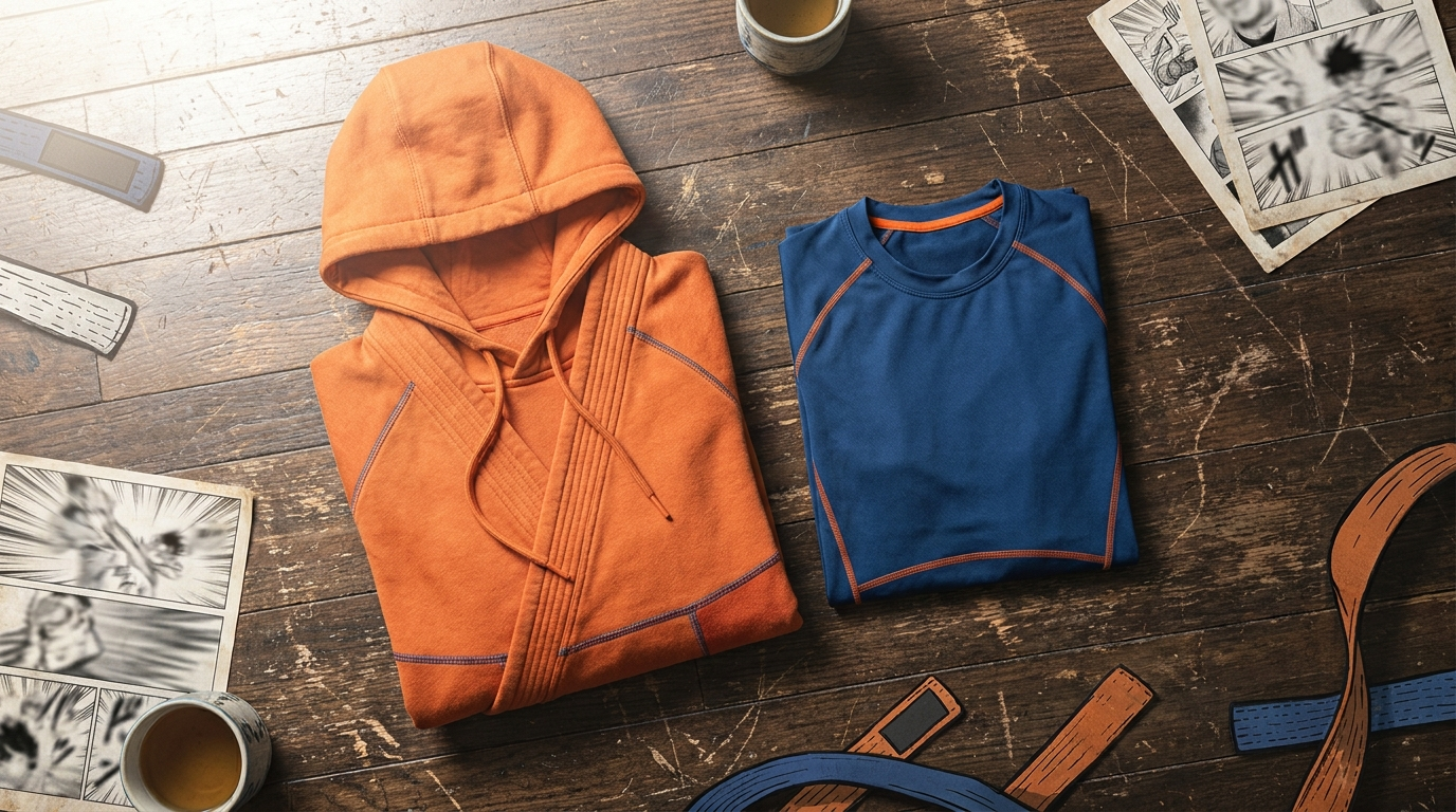 Dragon Ball Goku themed orange and blue martial arts apparel flat lay