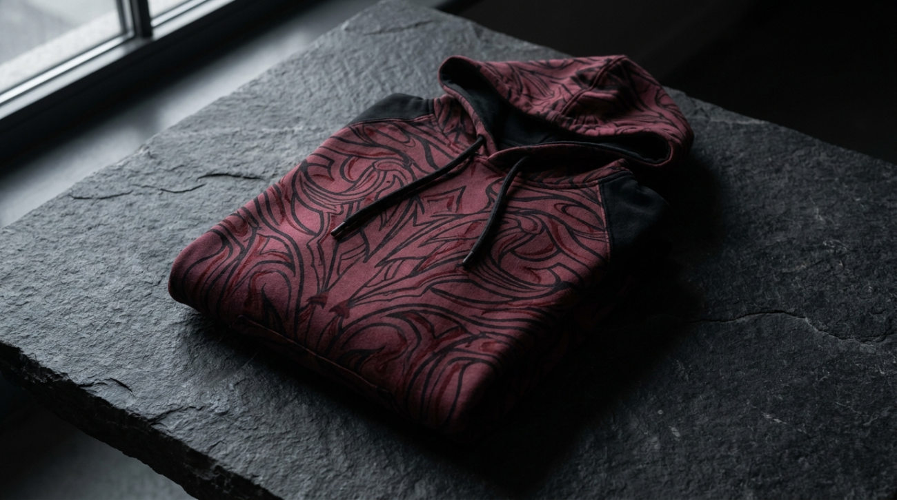 Jujutsu Kaisen Sukuna themed crimson and black apparel flat lay