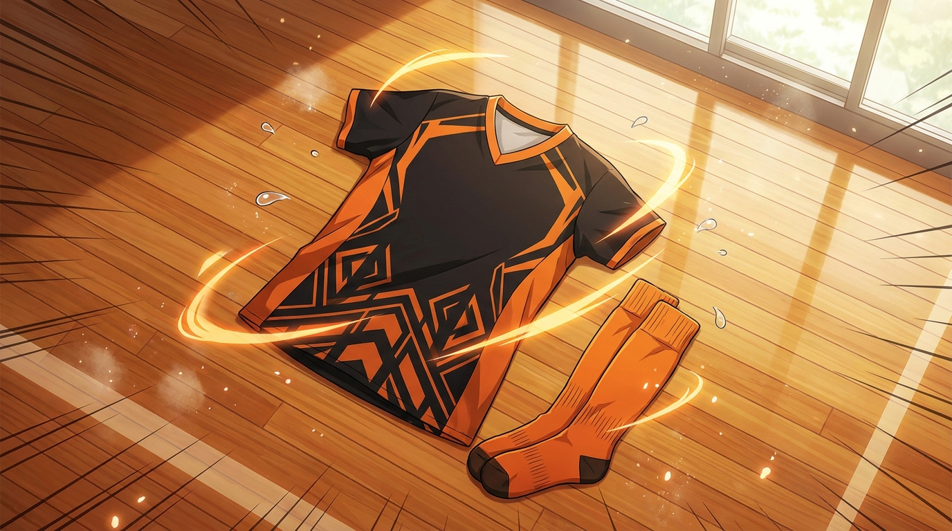 Haikyuu themed orange and black volleyball jersey flat lay