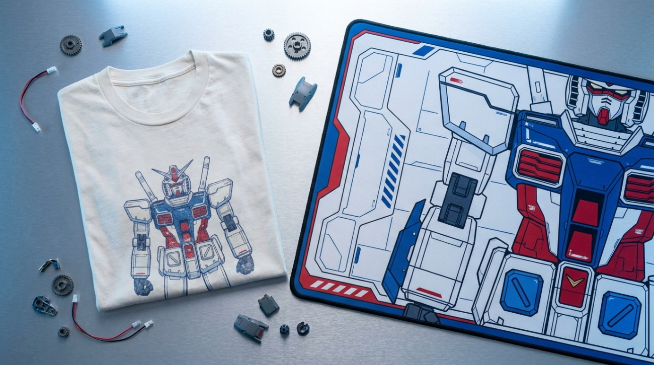 Mobile Suit Gundam themed mecha-inspired vintage tee and desk mat flat lay