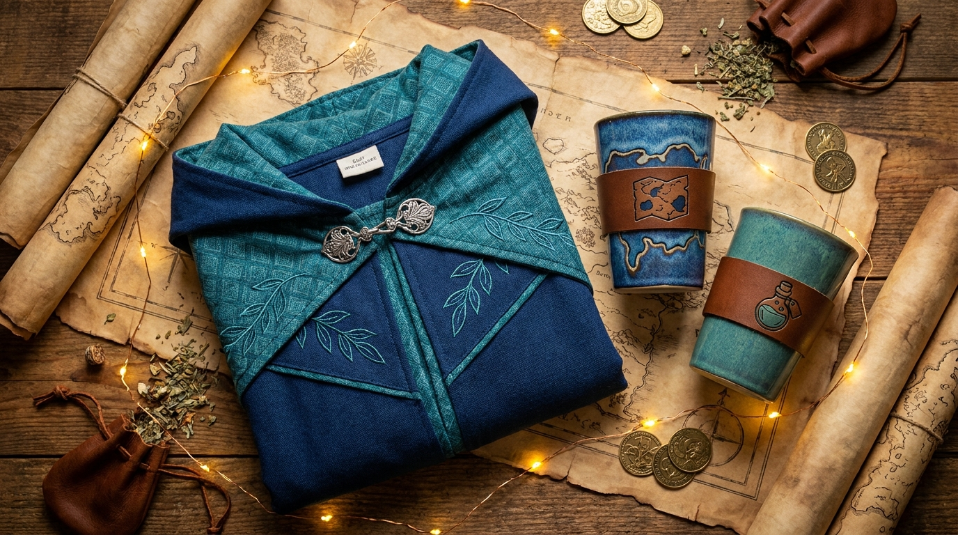 KonoSuba themed blue fantasy adventurer apparel and tumblers flat lay