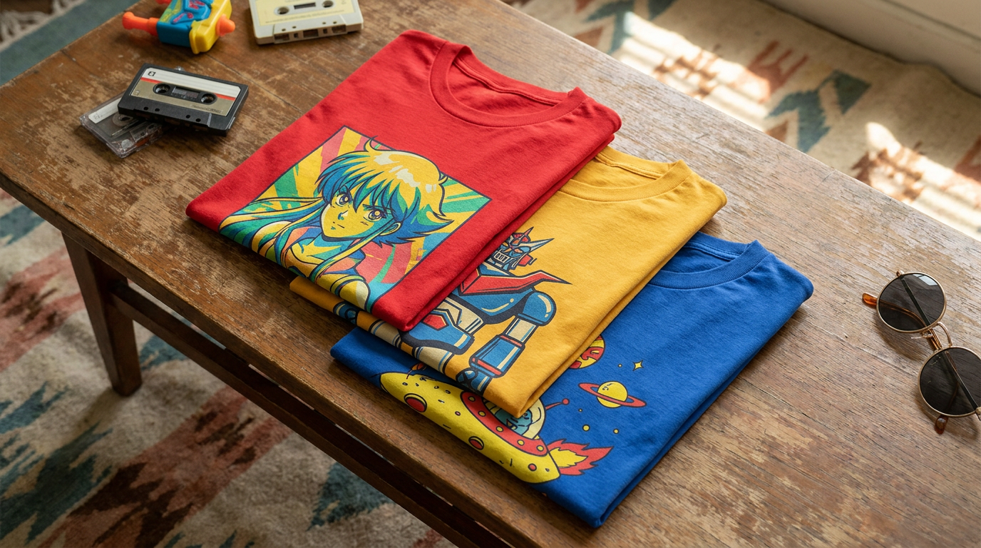 Digimon Adventure themed retro graphic tees flat lay in bright primary colors