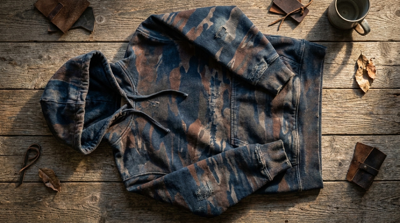 Demon Slayer Inosuke themed indigo and brown rugged apparel flat lay