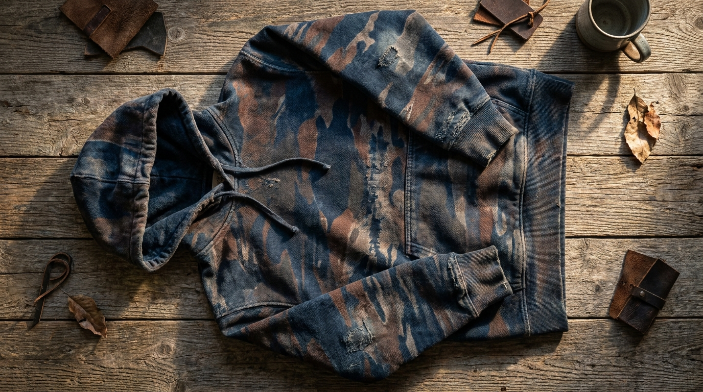 Demon Slayer Inosuke themed indigo and brown rugged apparel flat lay