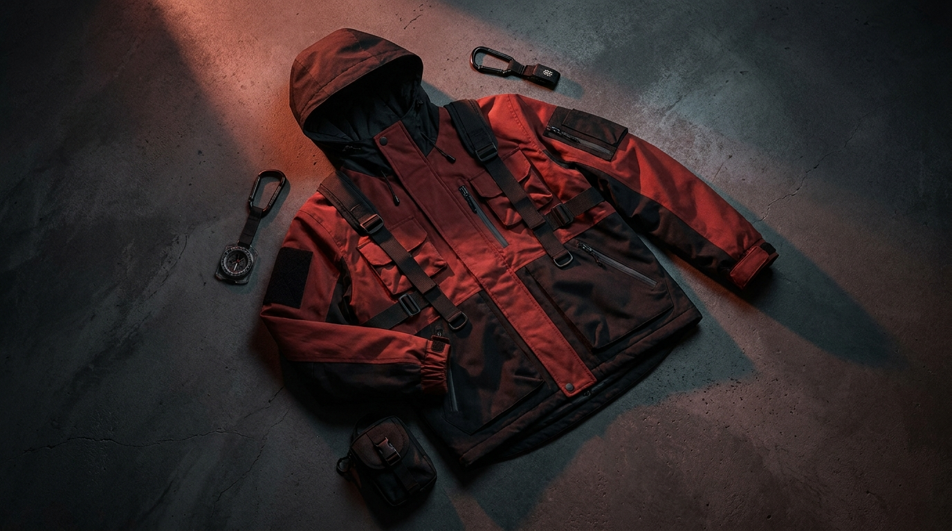 Deadpool themed red and black tactical apparel flat lay