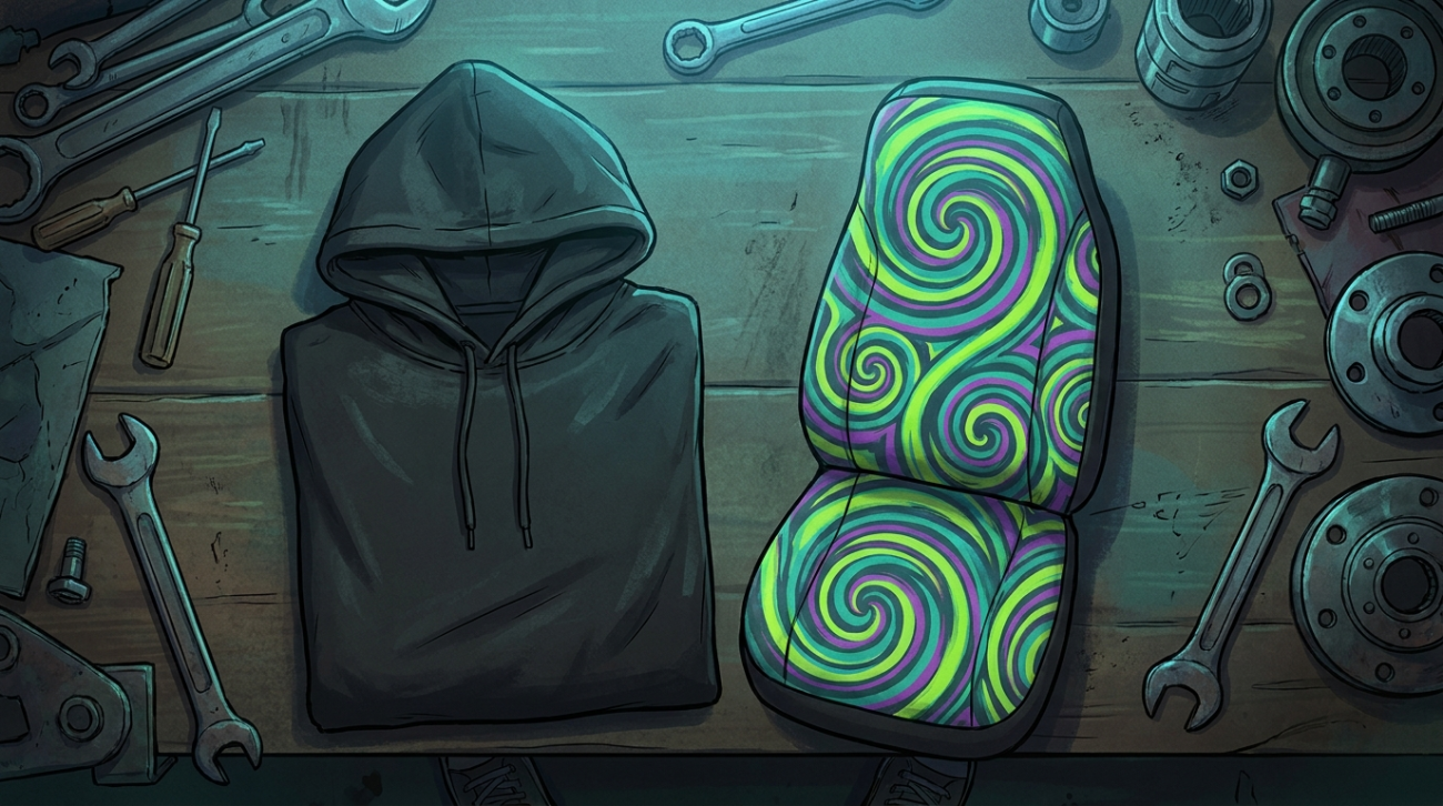 Rick and Morty themed acid green portal apparel and car seat cover flat lay