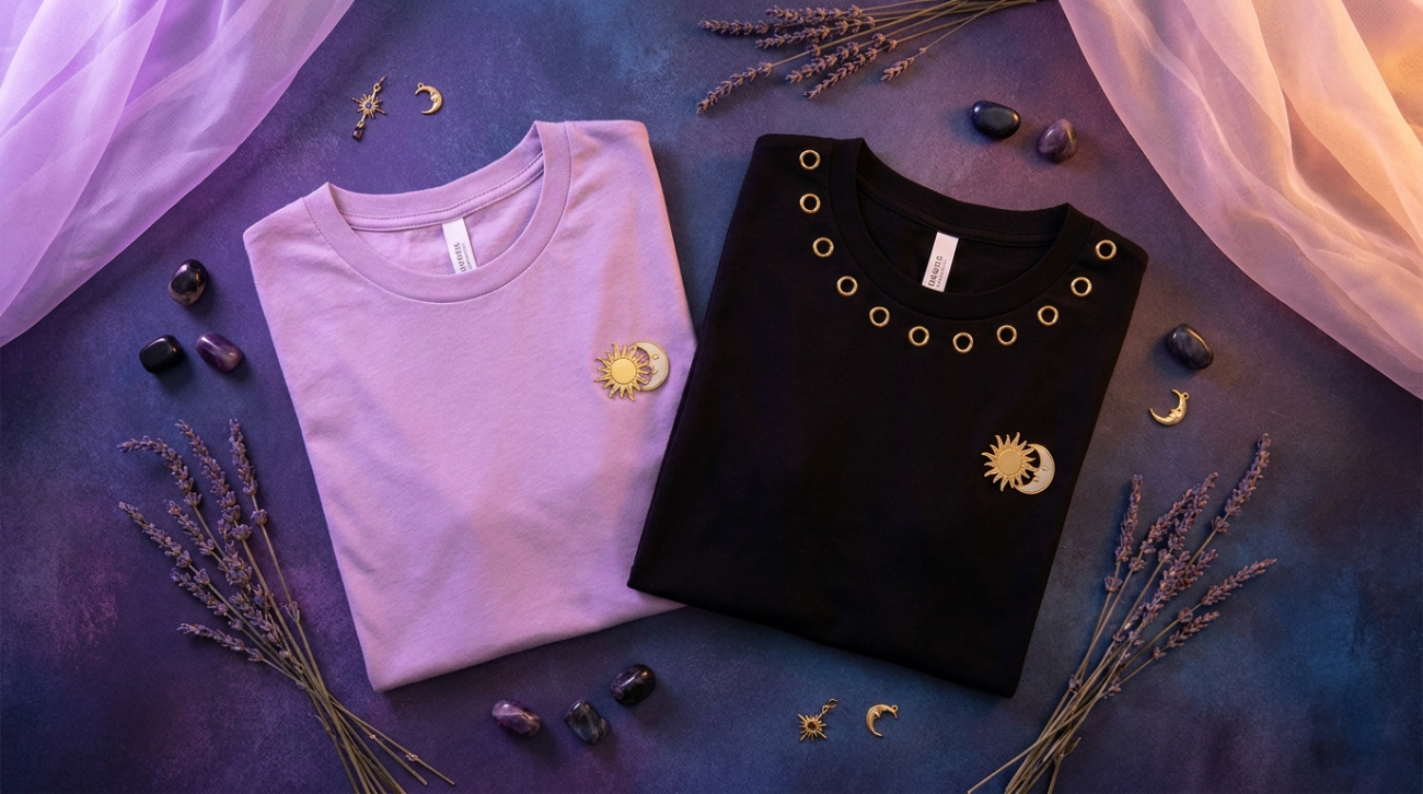 Pokemon Espeon and Umbreon themed lilac and black apparel flat lay