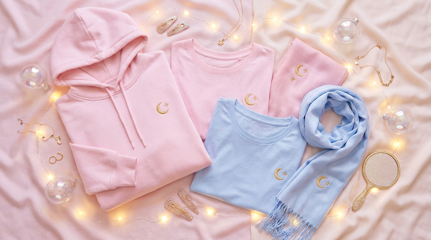 Sailor Moon Usagi themed pastel and gold crescent moon apparel flat lay