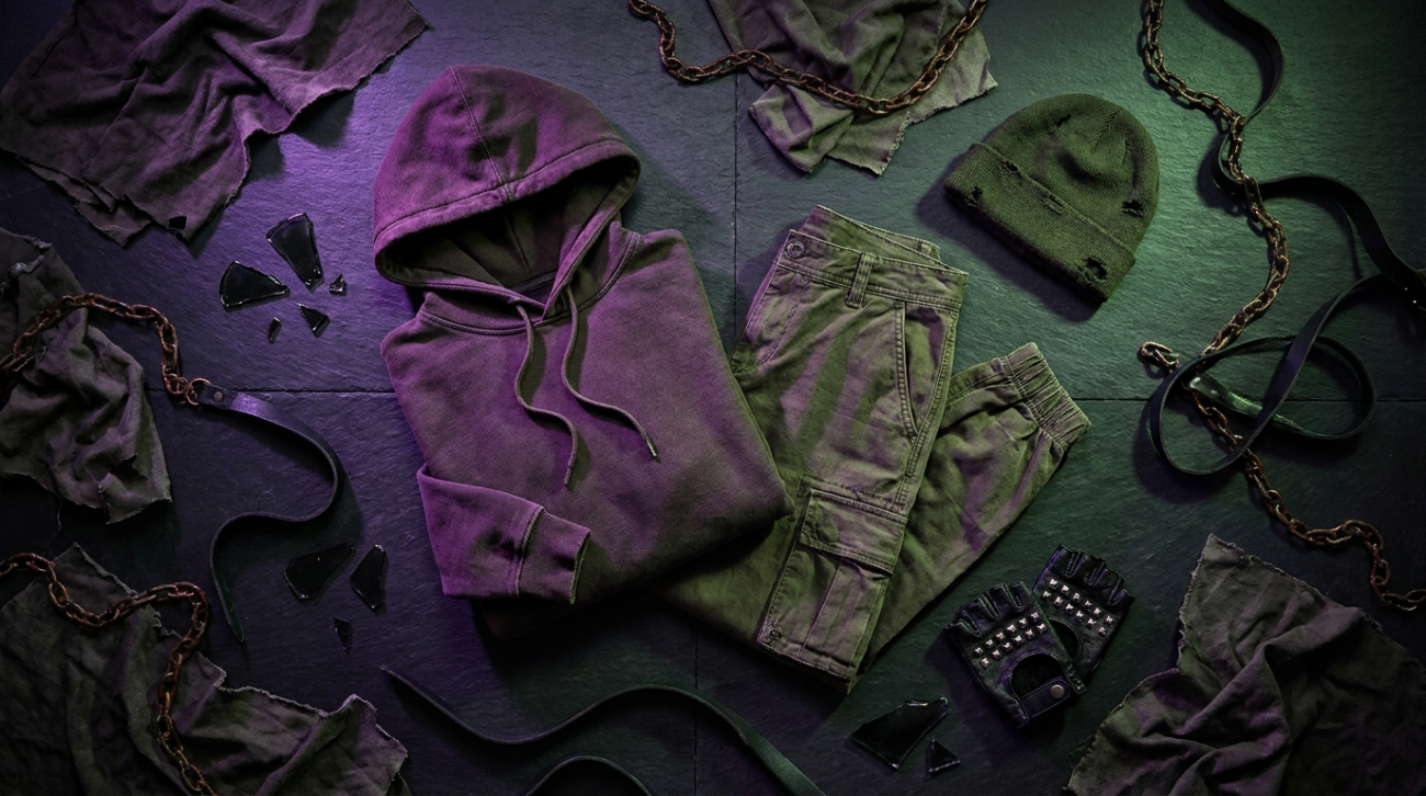 Joker themed purple and green apparel flat lay