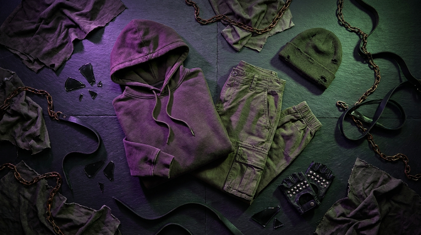Joker themed purple and green apparel flat lay