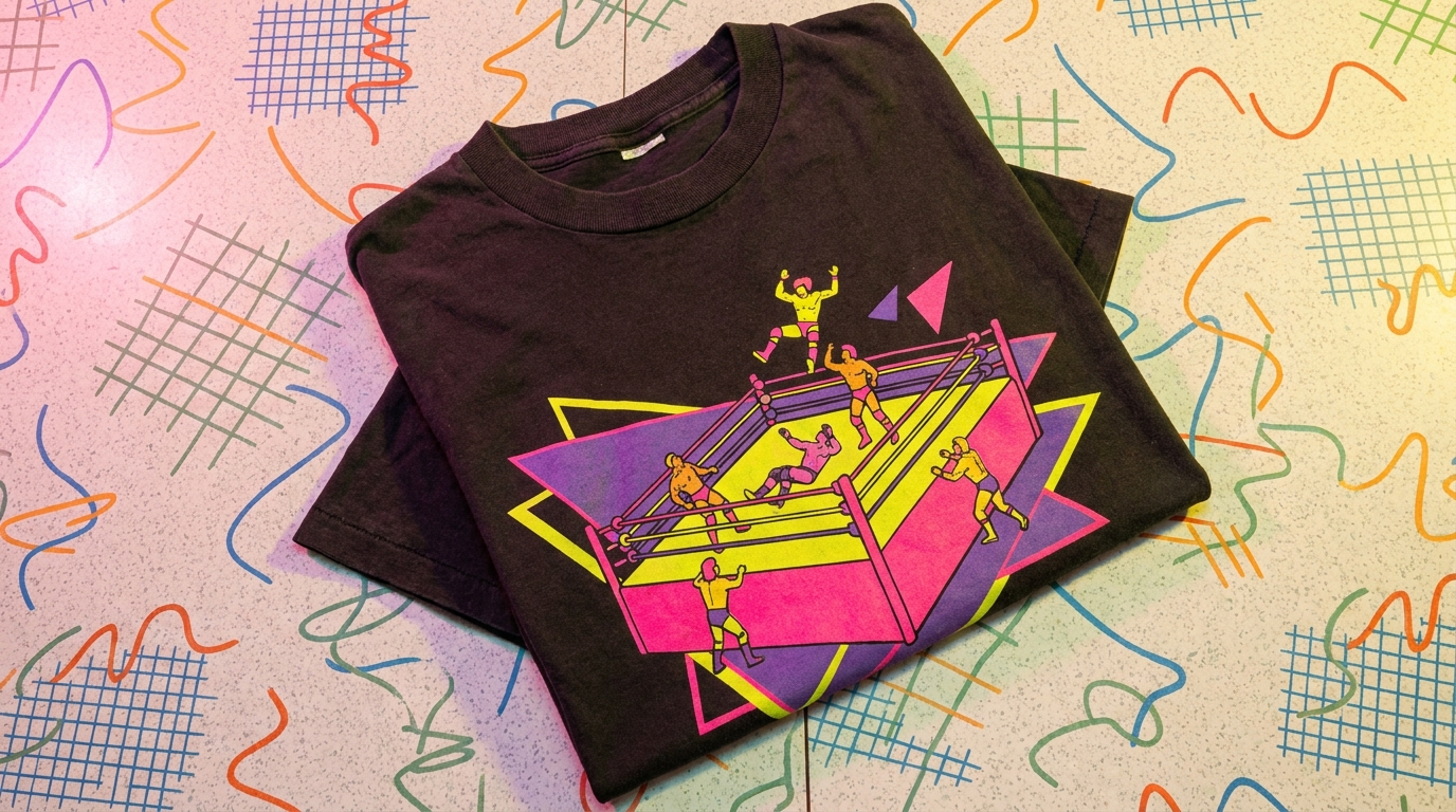 Macho Man themed vintage 80s neon retro wrestling tee flat lay
