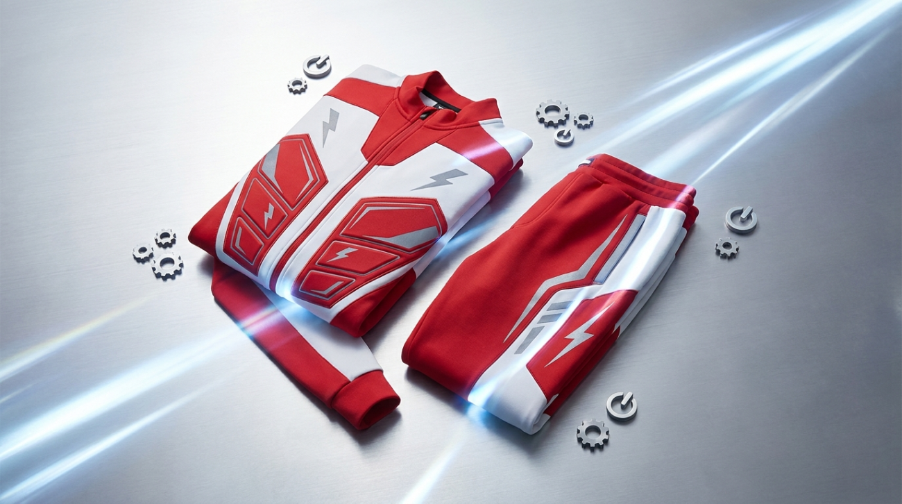 Red Power Ranger Mighty Morphin themed red and white hero apparel flat lay