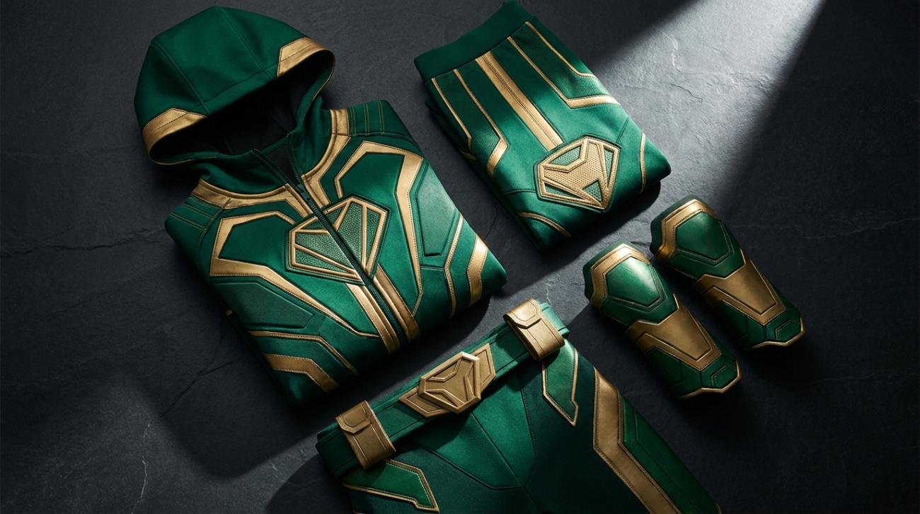 Green Power Ranger Mighty Morphin themed green and gold hero apparel flat lay