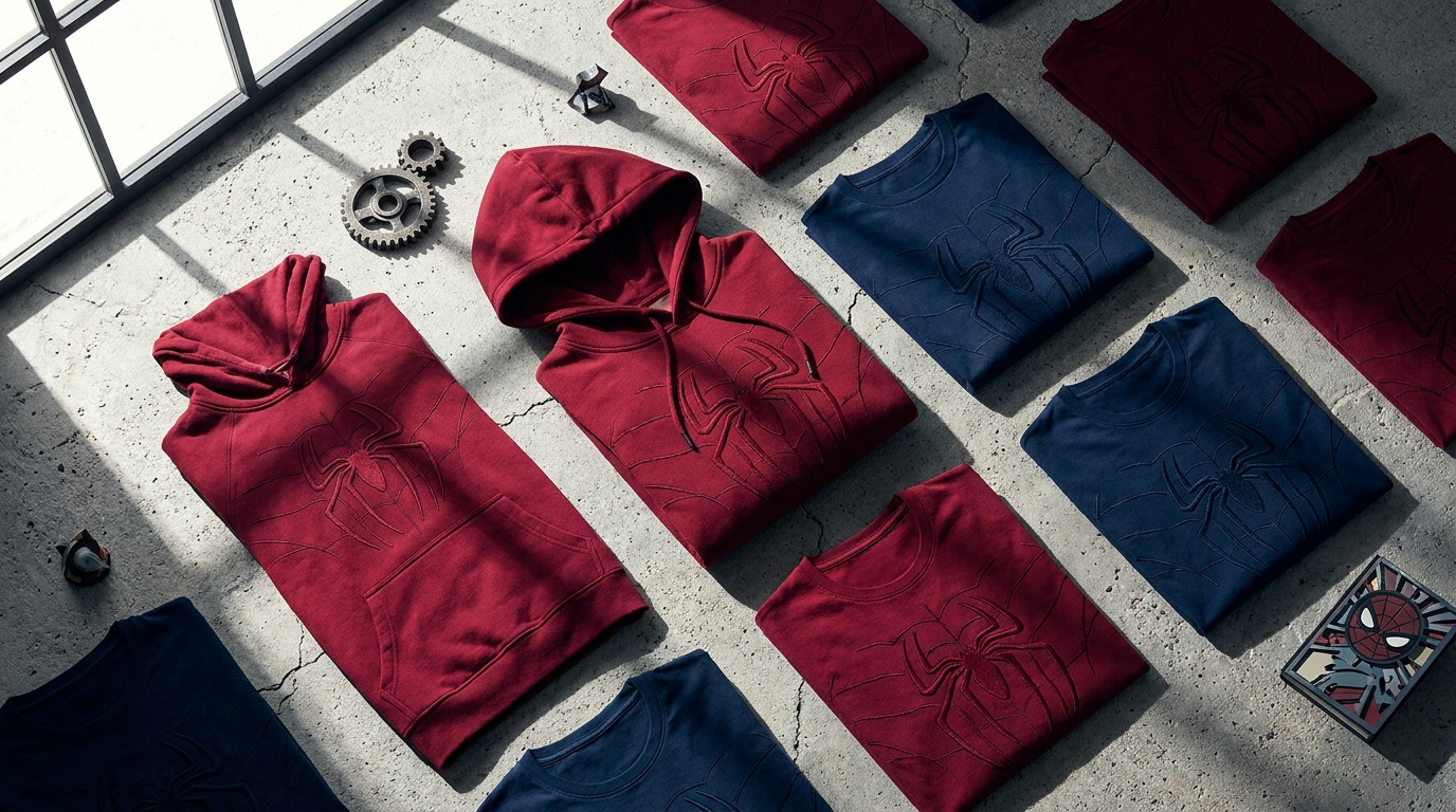 Spider-Man themed red and blue web pattern apparel flat lay