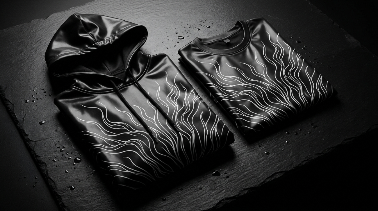 Venom themed glossy black and white symbiote apparel flat lay