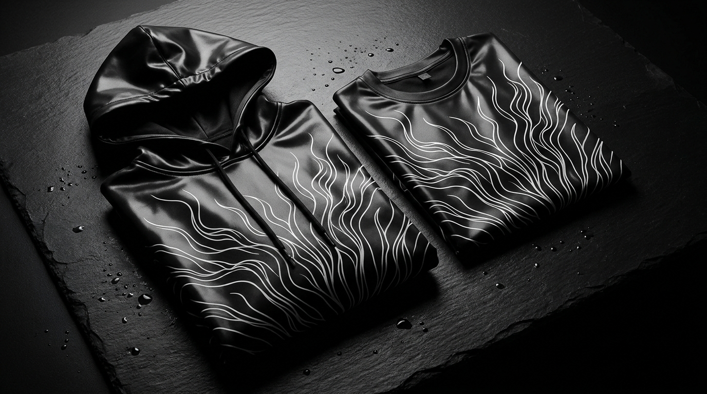 Venom themed glossy black and white symbiote apparel flat lay