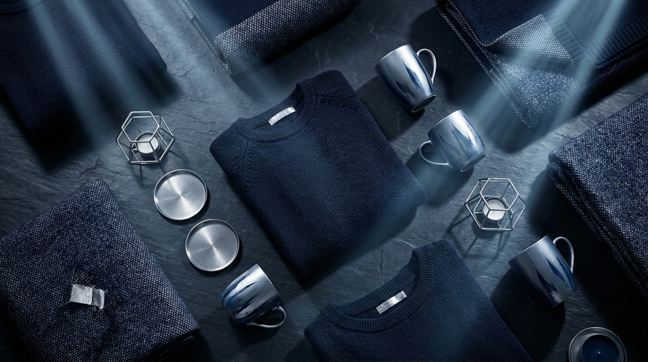 DC Comics themed dark navy and silver apparel and decor flat lay